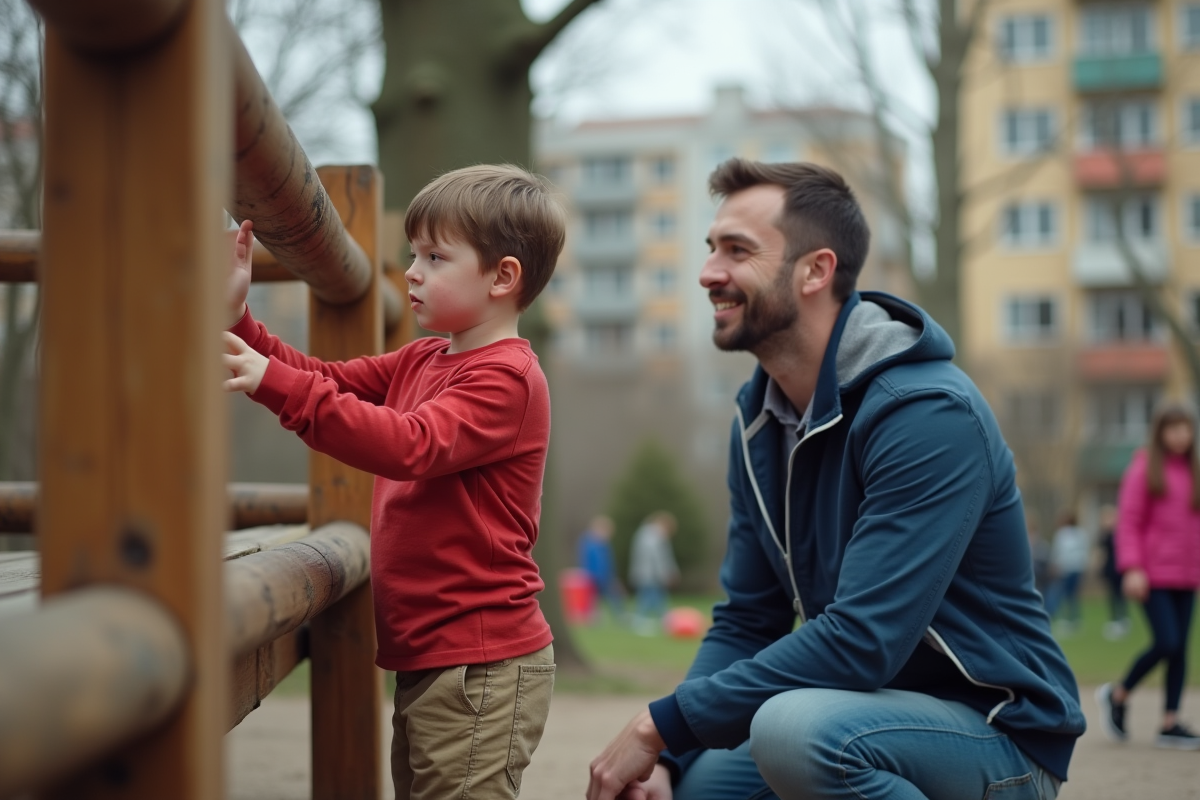 Garçon de six ans au parc urbain avec son père