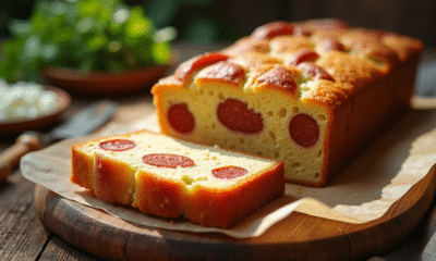 Gâteau de chorizo et feta tranché sur table rustique