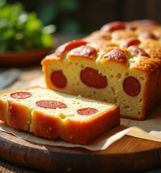 Gâteau de chorizo et feta tranché sur table rustique