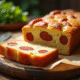 Gâteau de chorizo et feta tranché sur table rustique