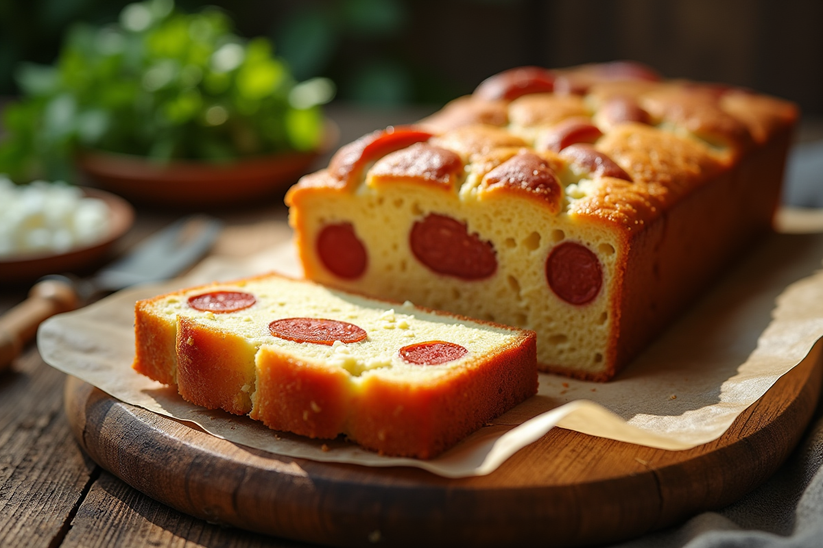 Gâteau de chorizo et feta tranché sur table rustique