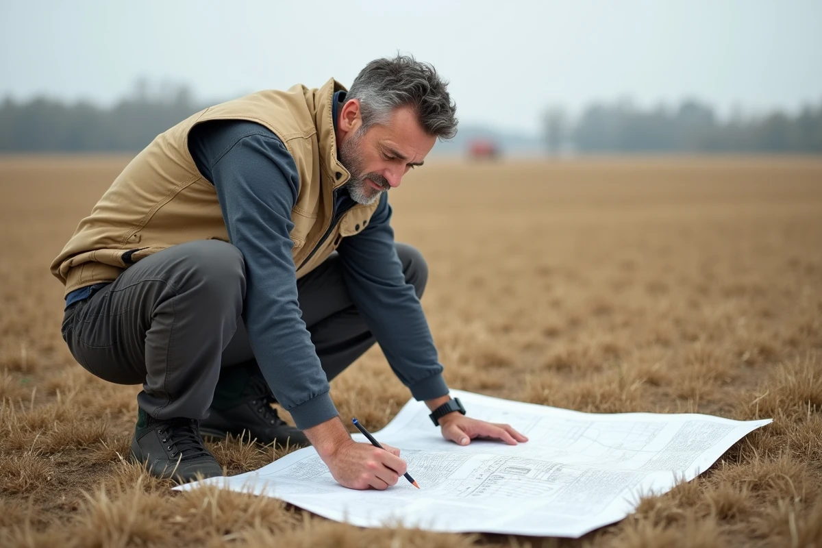 Géomètre annotant une carte topographique avec des conversions hectares et kilomètres carrés sur le terrain