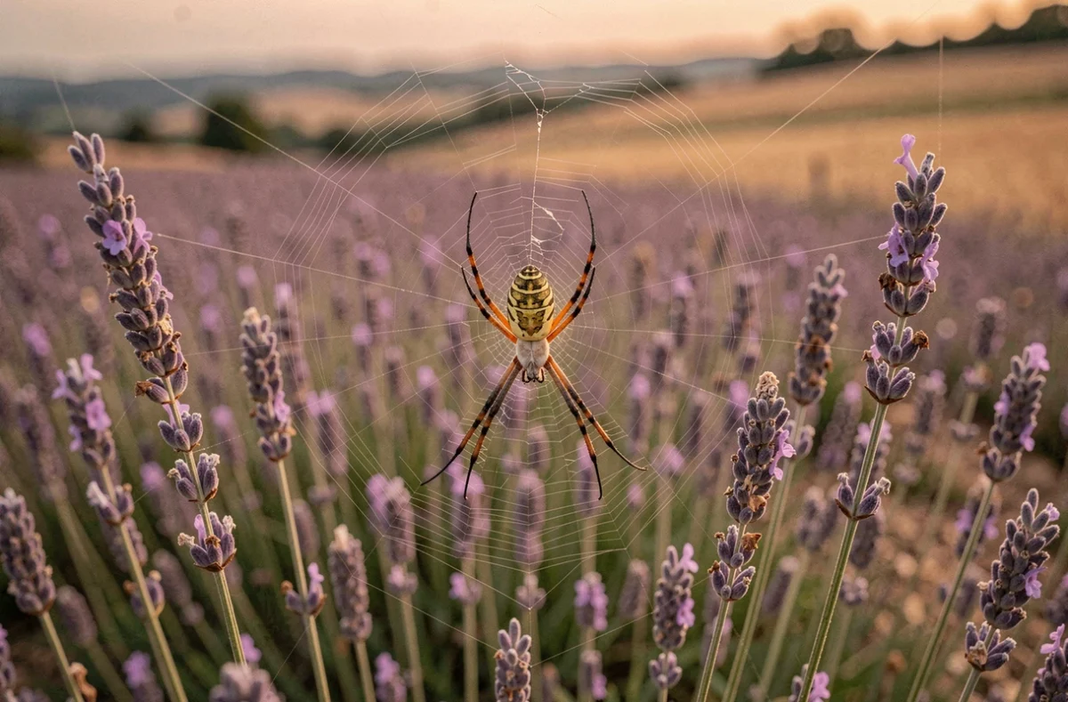 Grande araignée de jardin dans sa toile entre des tiges de lavande en Provence au crépuscule