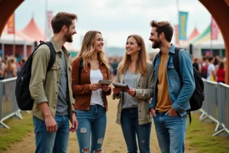 Groupe d amis souriants devant l entrée du festival