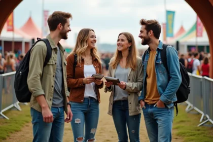 Groupe d amis souriants devant l entrée du festival