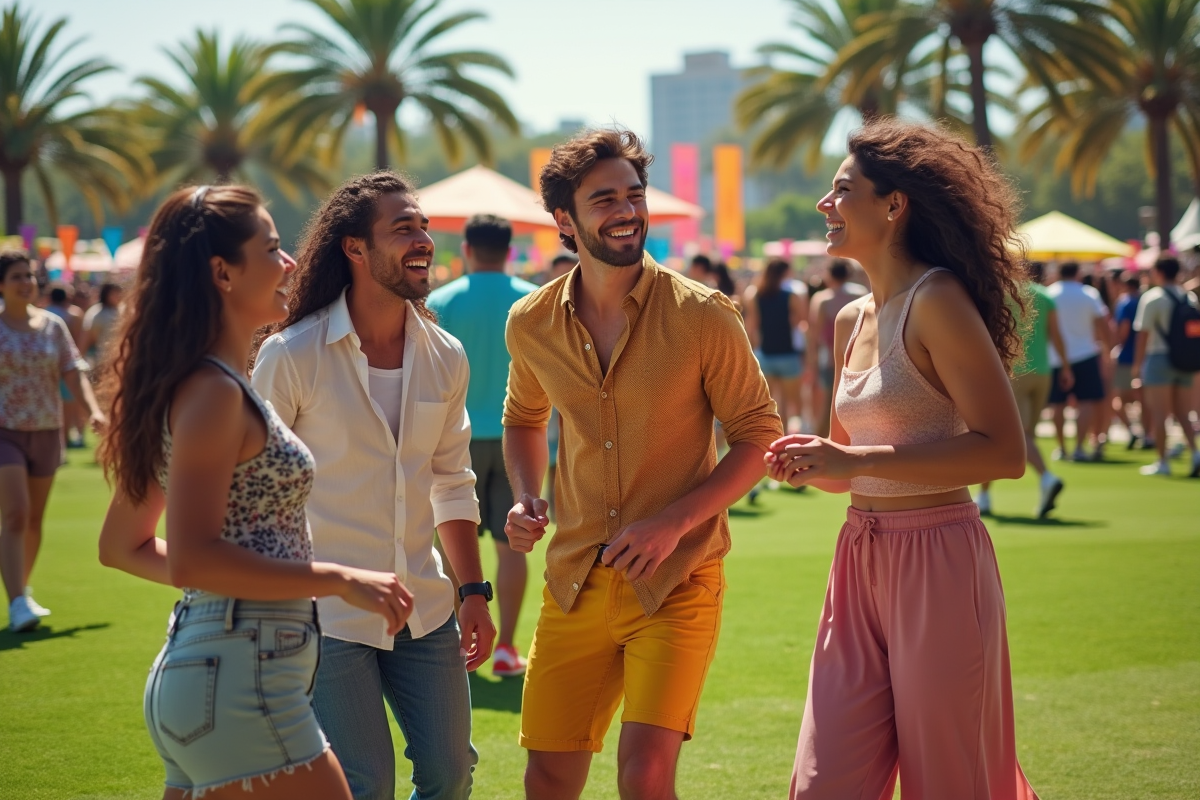 Groupe d amis dansant et riant lors d un festival en plein air