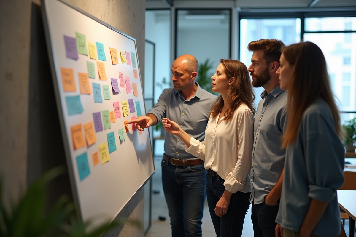 Groupe de cinq adultes discutant devant un tableau coloré