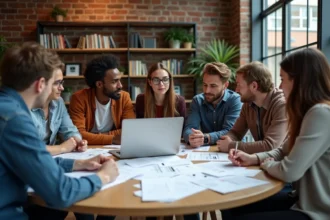 Groupe de personnes en discussion dans un loft moderne
