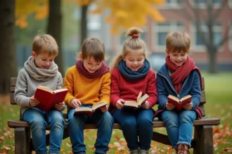 Enfants de 7 ans lisant des poèmes dans un parc coloré