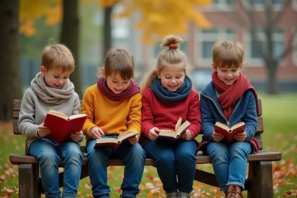 Enfants de 7 ans lisant des poèmes dans un parc coloré