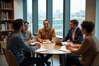 Groupe d'adultes divers en discussion dans une bibliothèque moderne