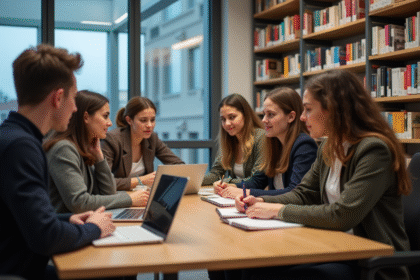 Groupe d'étudiants en discussion dans une bibliothèque universitaire