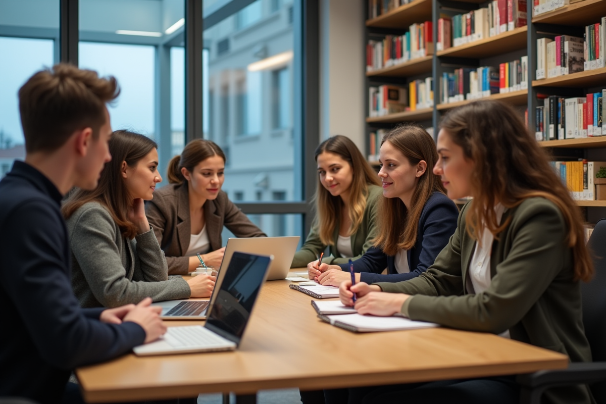 Groupe d'étudiants en discussion dans une bibliothèque universitaire