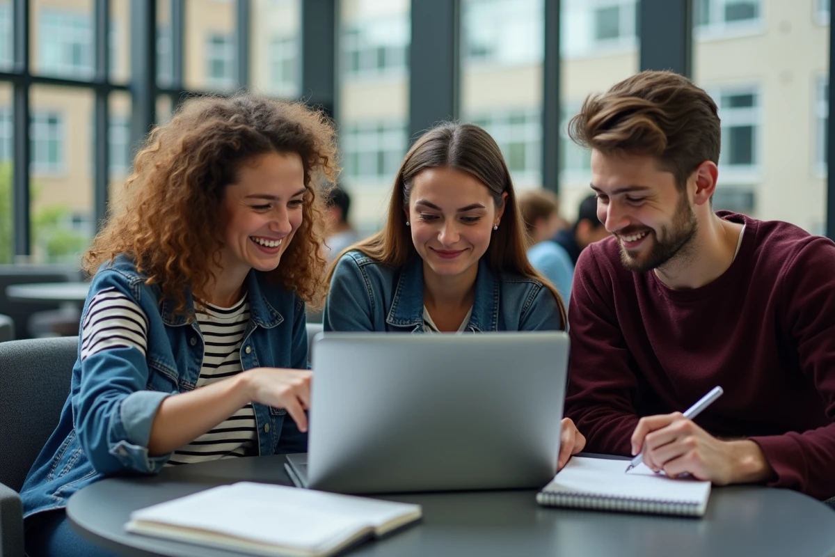 Groupe d'étudiants collaborant autour de Wikipédia sur un ordinateur portable dans un espace commun universitaire
