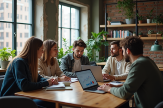 Groupe de jeunes adultes autour d'une table moderne en appartement