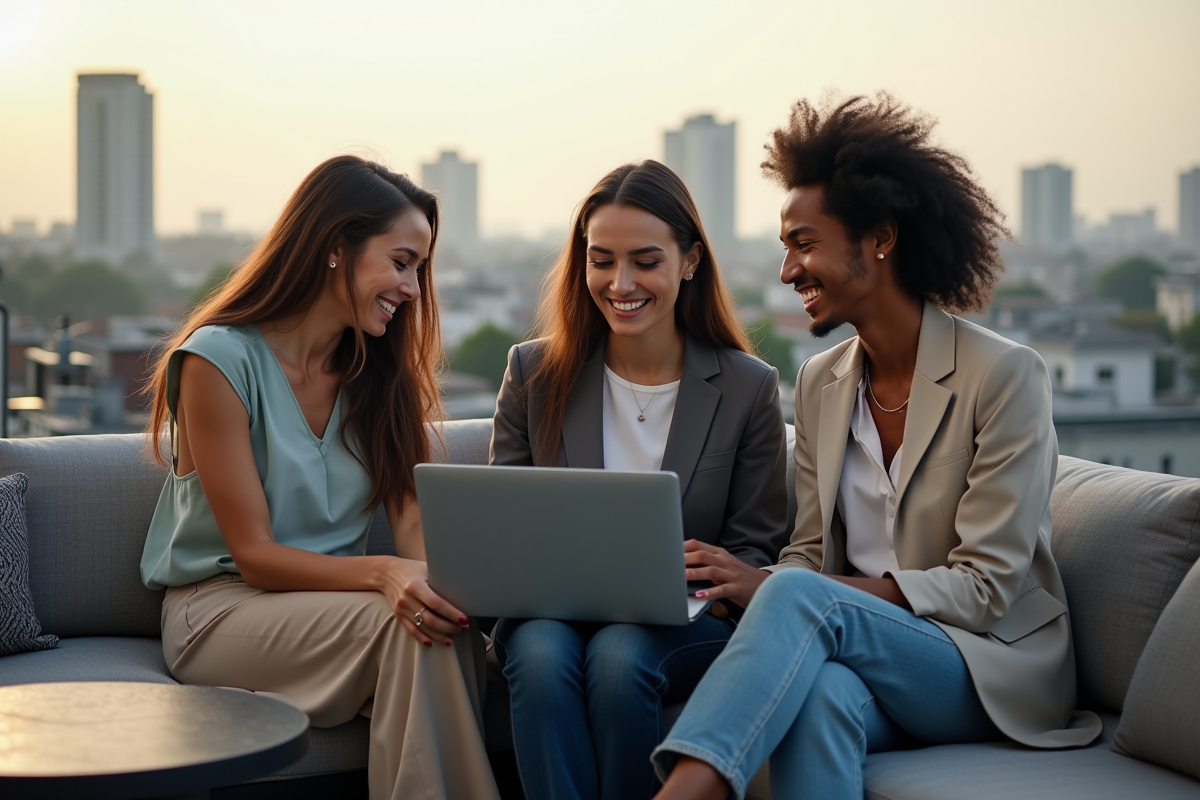 Groupe de jeunes professionnels discutant en extérieur