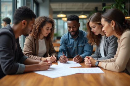 Groupe diversifié en coworking moderne lors d'une réunion