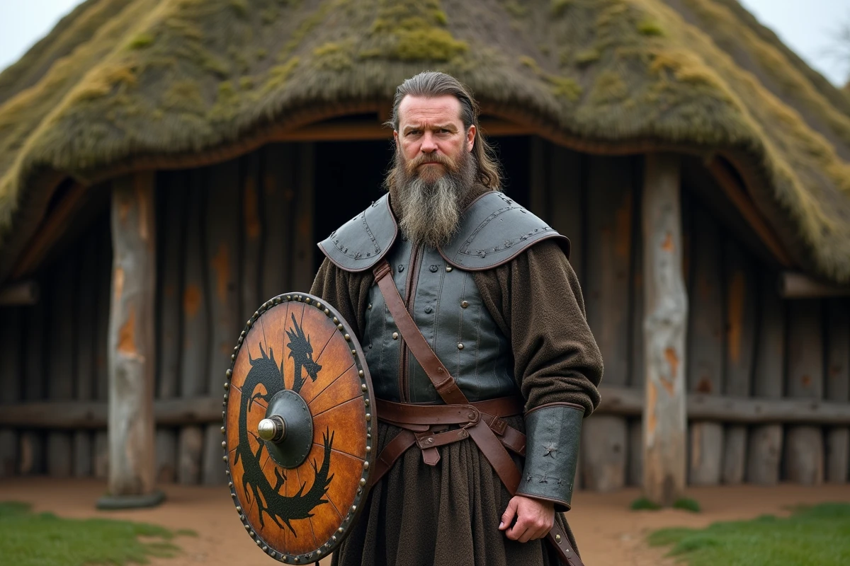 Guerrier viking en reconstitution historique tenant un bouclier peint avec un motif de dragon devant une maison longue nordique