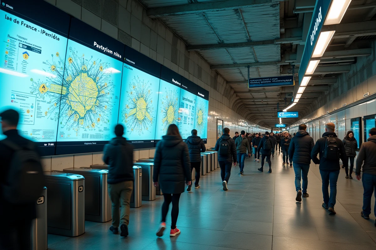 Hall d'une gare RER en Île-de-France avec affichage numérique de la nouvelle carte des lignes 2026
