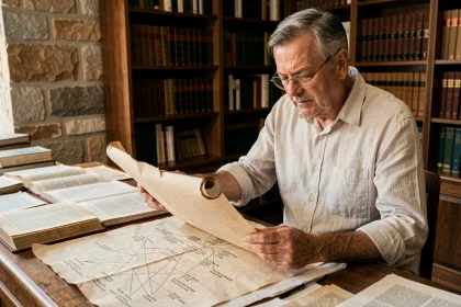 Historien catalan étudiant un parchemin généalogique ancien dans une salle d'archives universitaire de Barcelone