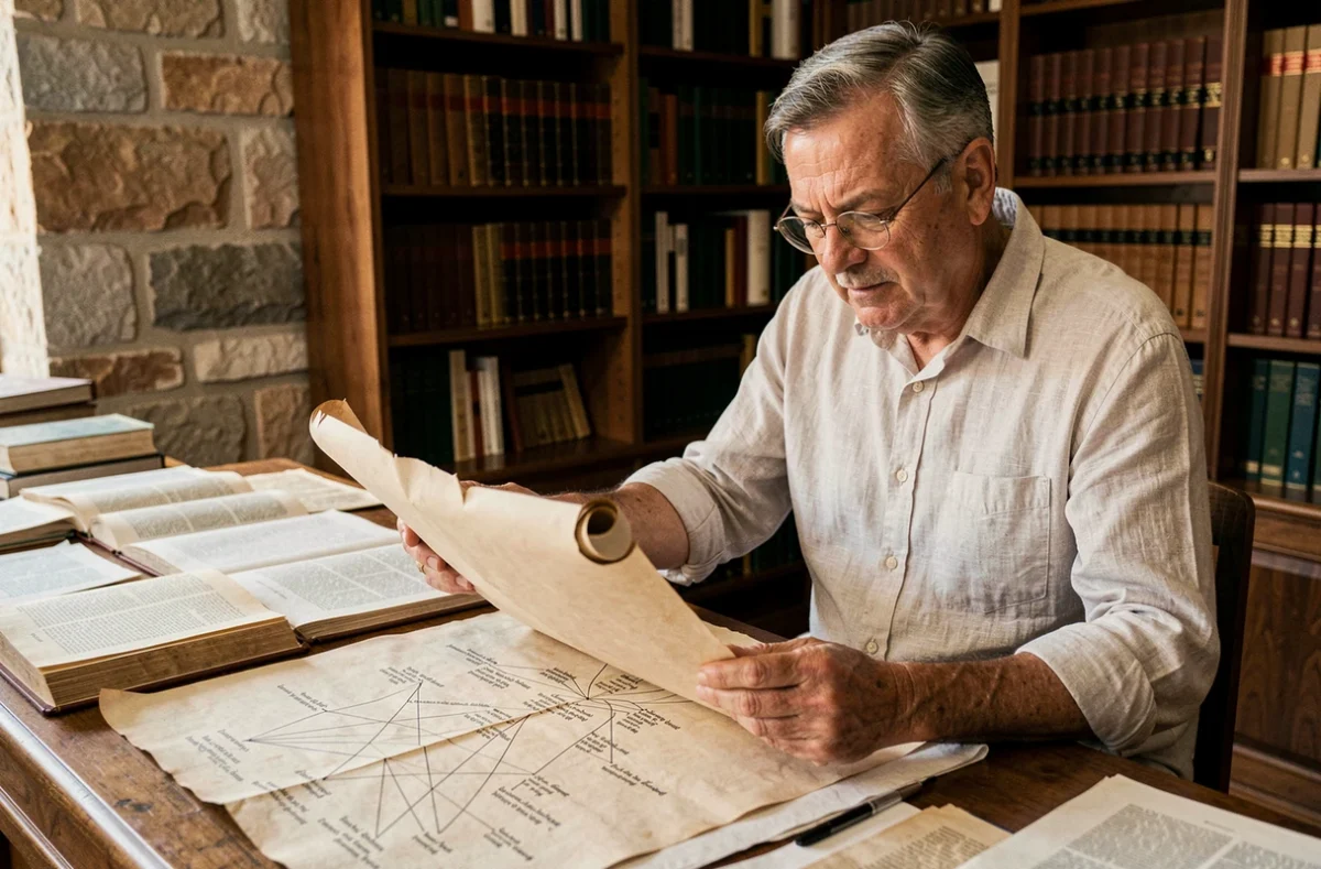 Historien catalan étudiant un parchemin généalogique ancien dans une salle d'archives universitaire de Barcelone