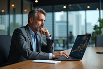 Homme d'affaires en costume gris analysant un graphique sur son laptop