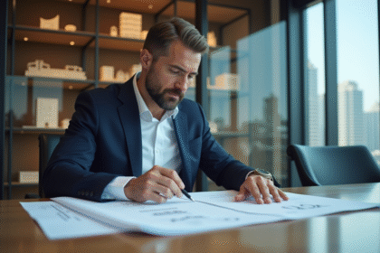 Homme d'affaires en costume bleu examinant des plans dans un bureau moderne