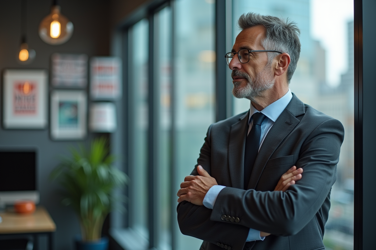 Homme d'affaires regardant la ville avec des flyers de protestation