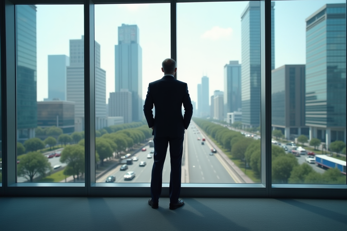 Homme d'affaires regardant la ville futuriste depuis un bureau