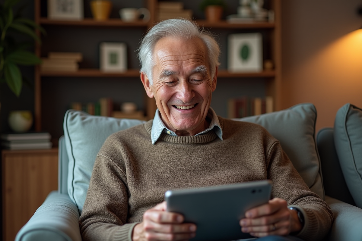 Homme âgé faisant un appel vidéo avec sa tablette dans son salon