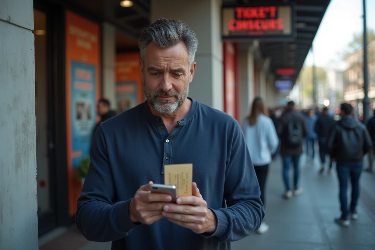 Homme tenant un billet de concert devant une salle de spectacle et vérifiant les nouvelles réglementations de revente sur son téléphone