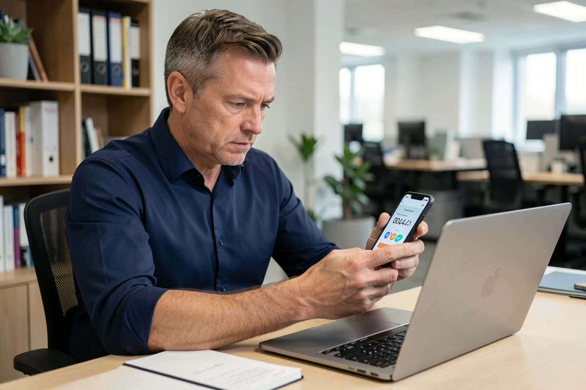 Homme d'affaires analysant un numéro de rappel avec l'indicatif 0044 sur son téléphone dans un bureau professionnel