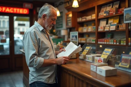 Homme consulte une carte et un titre de transport dans un bureau de tabac parisien traditionnel