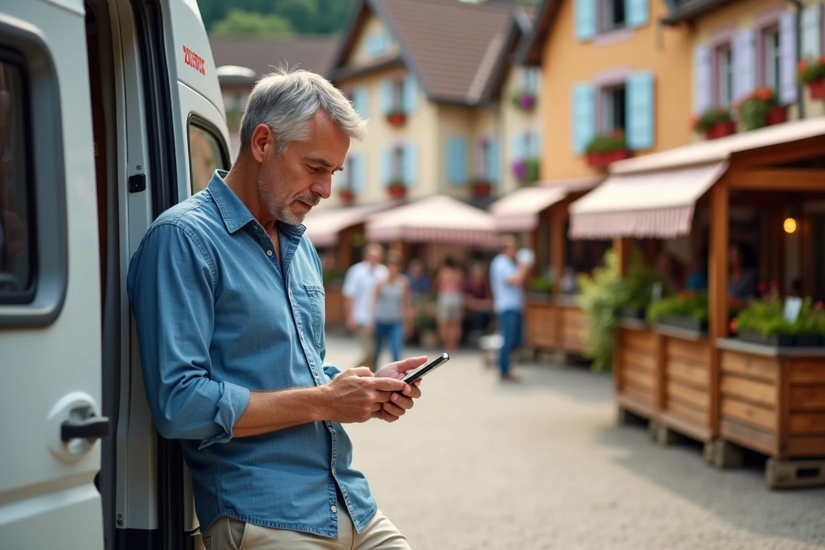 Homme appuyé contre un camping-car consultant son téléphone devant une place de village alsacien décorée de guirlandes et de stands de fête lors d'un road trip estival en France