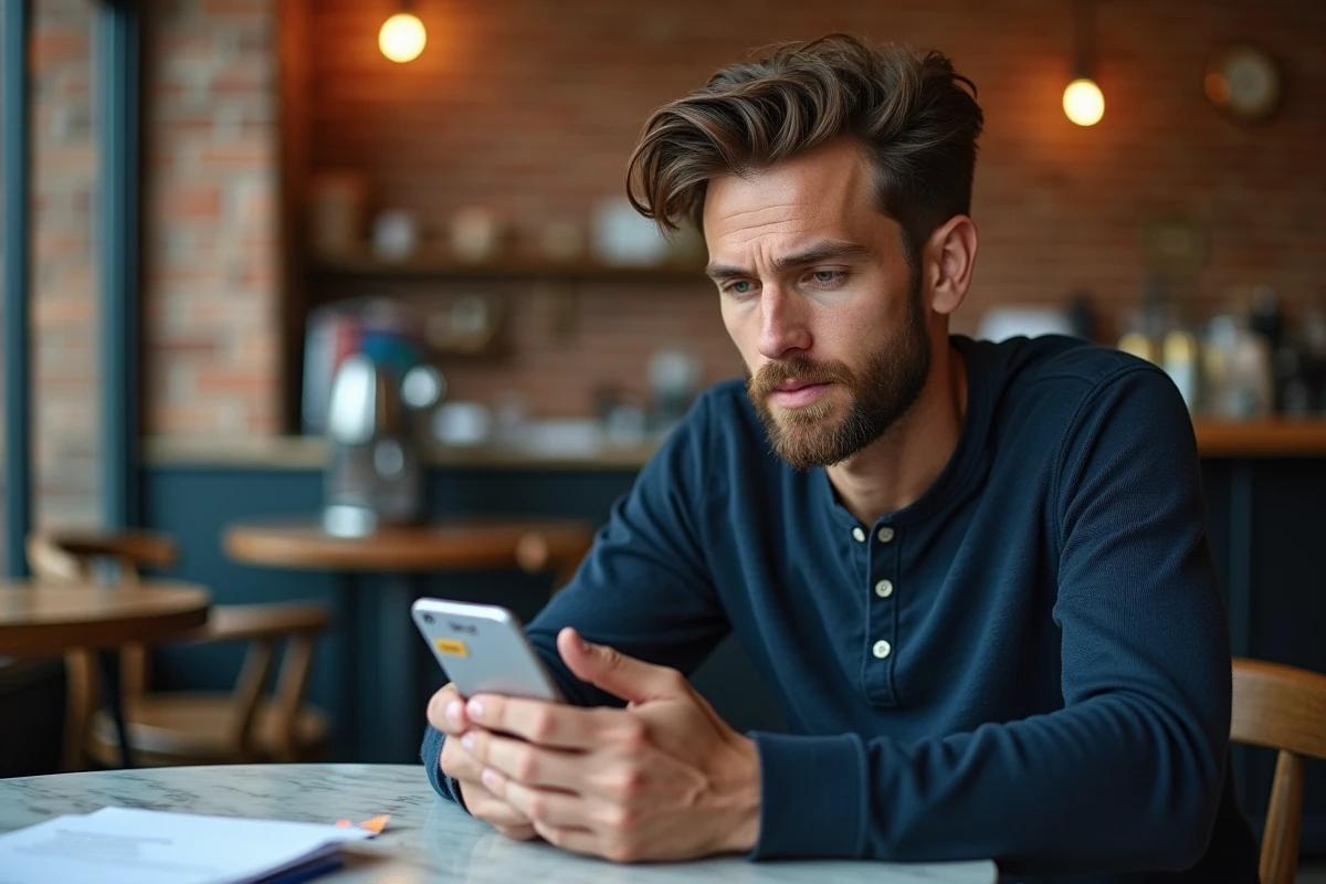 Homme consultant une application de jeu de mots sémantique sur smartphone dans un café, cherchant le mot secret du jour
