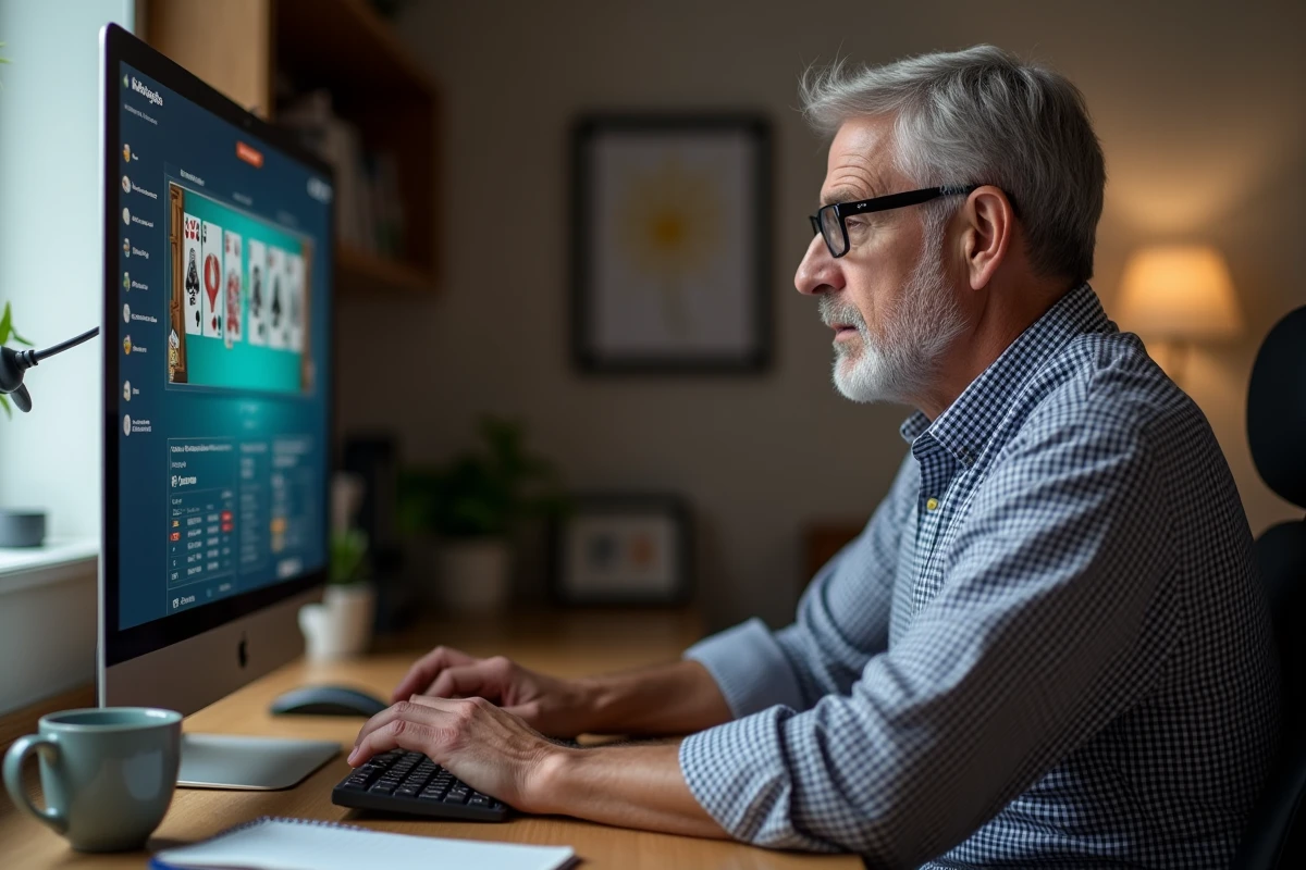 Homme mature consultant les statistiques et le classement d'un jeu de Coinche en ligne sur ordinateur de bureau