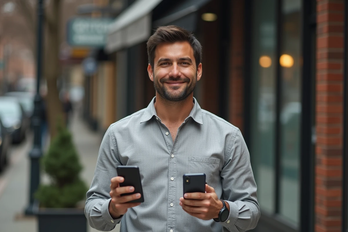 Homme tenant un téléphone à clapet des années 2000 et un smartphone ultra-fin 2026 dans ses mains en pleine rue
