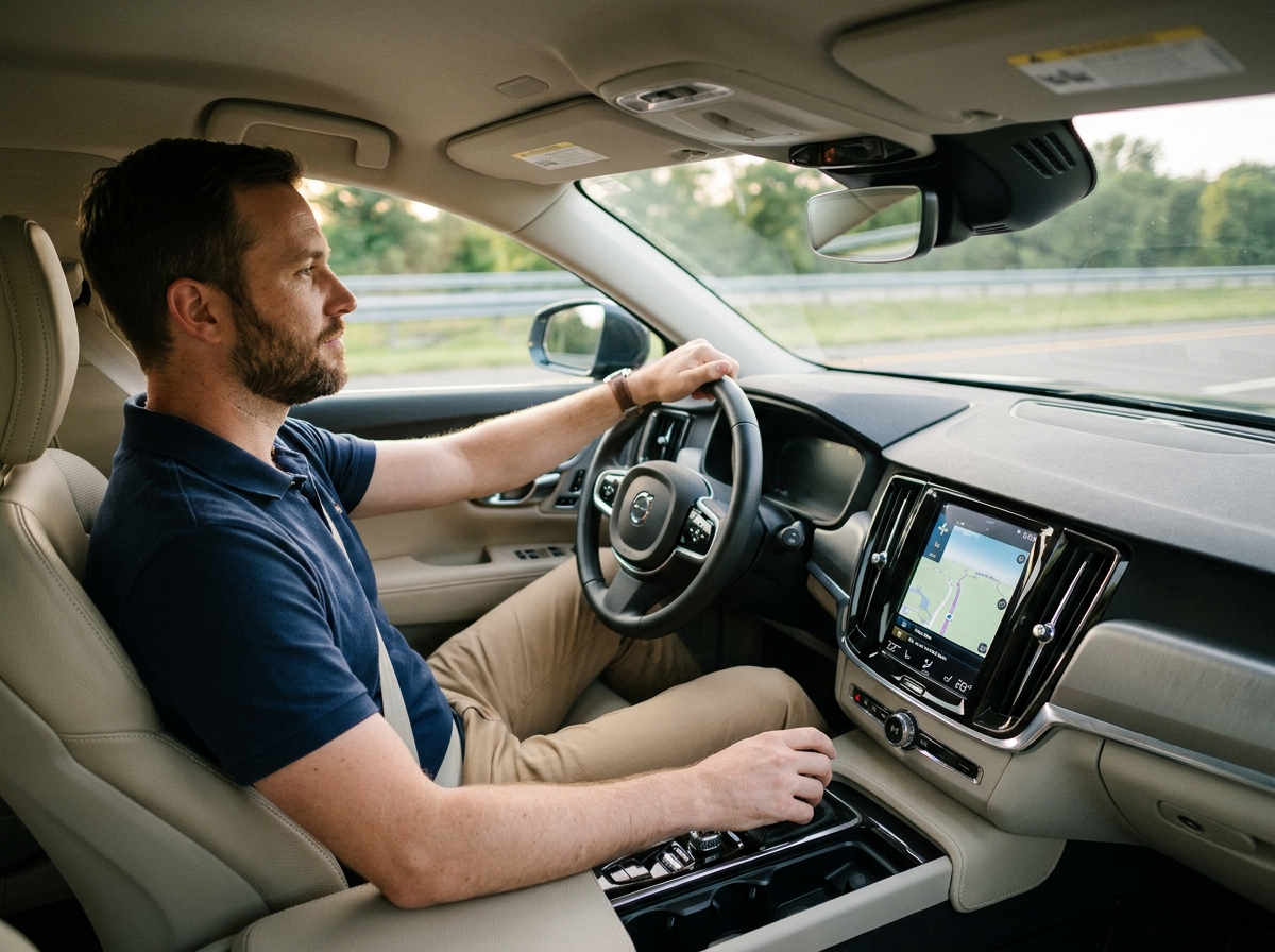 Homme conduisant sereinement une voiture automatique de location sur l'autoroute lors d'un week-end