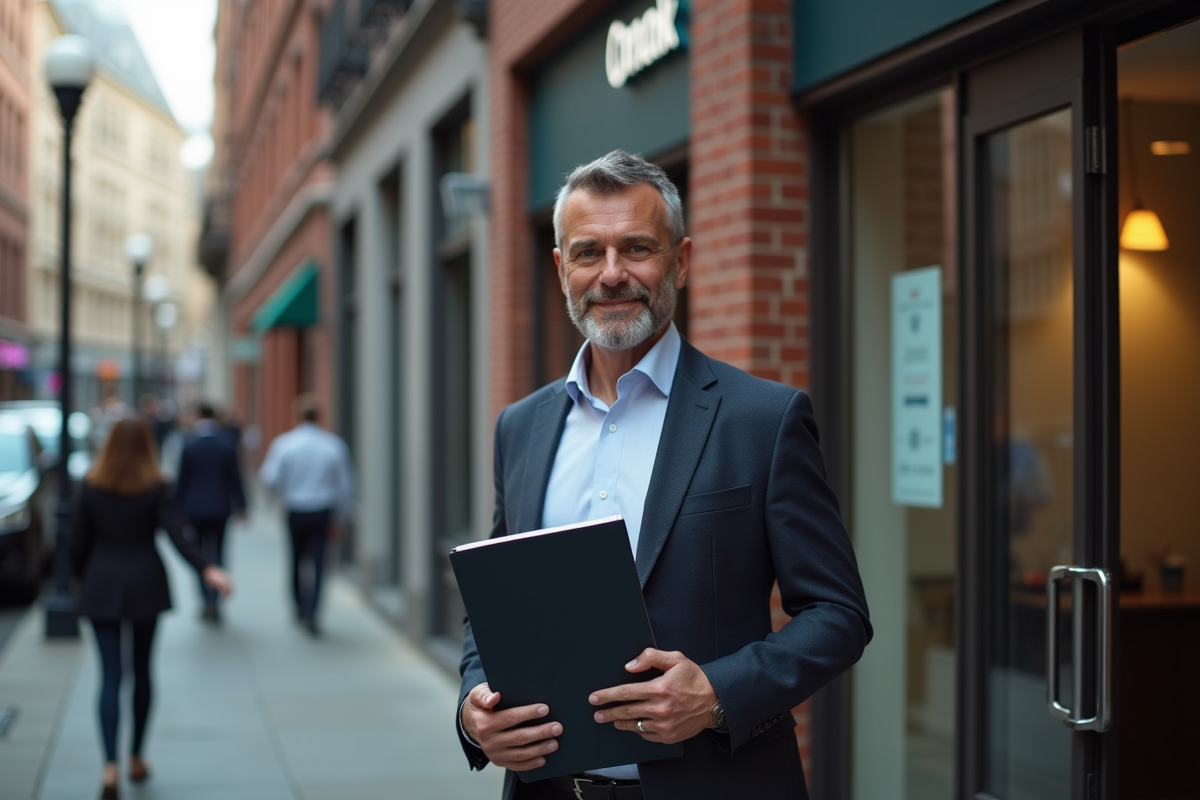 Homme d affaires debout devant une agence bancaire en ville