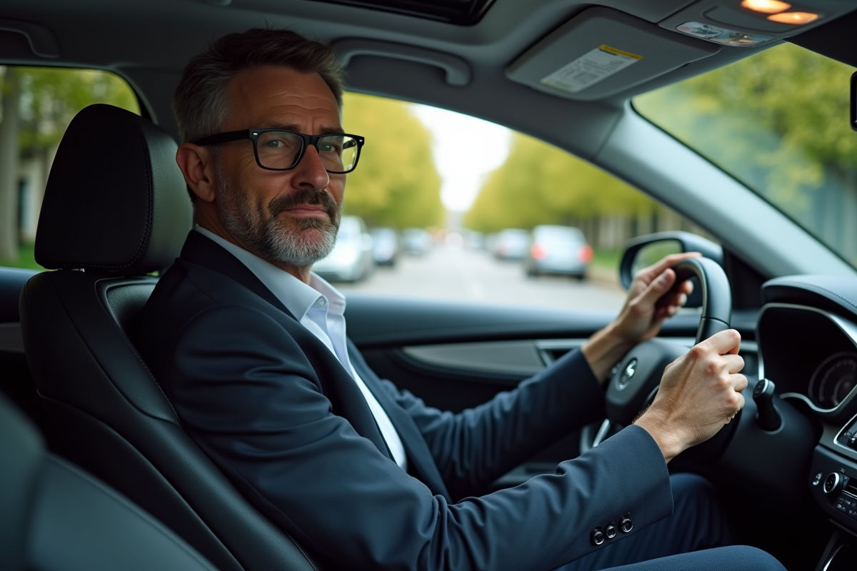Homme en costume dans une voiture moderne et élégante