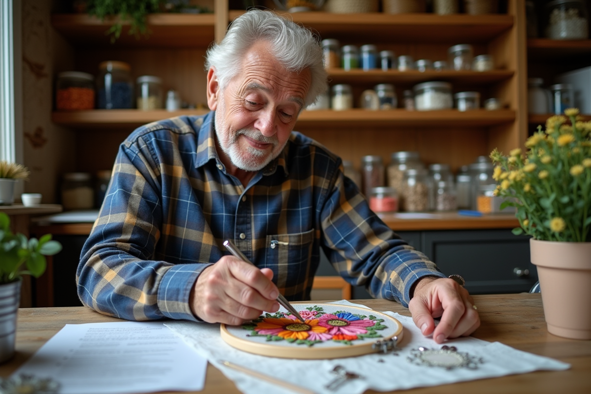 Homme âgé utilisant un outil de broderie de diamants dans son atelier