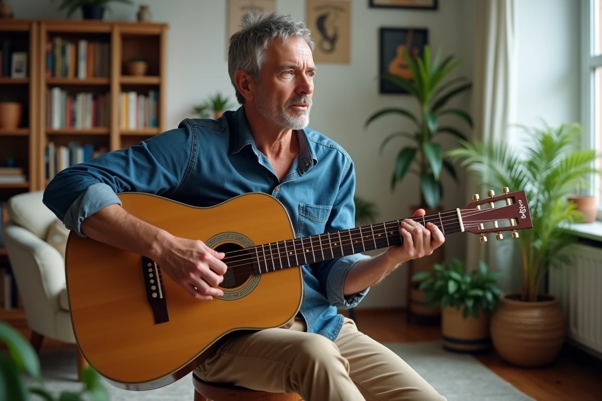 Homme d'âge moyen jouant un accord B7 sur une guitare acoustique dans un studio cosy