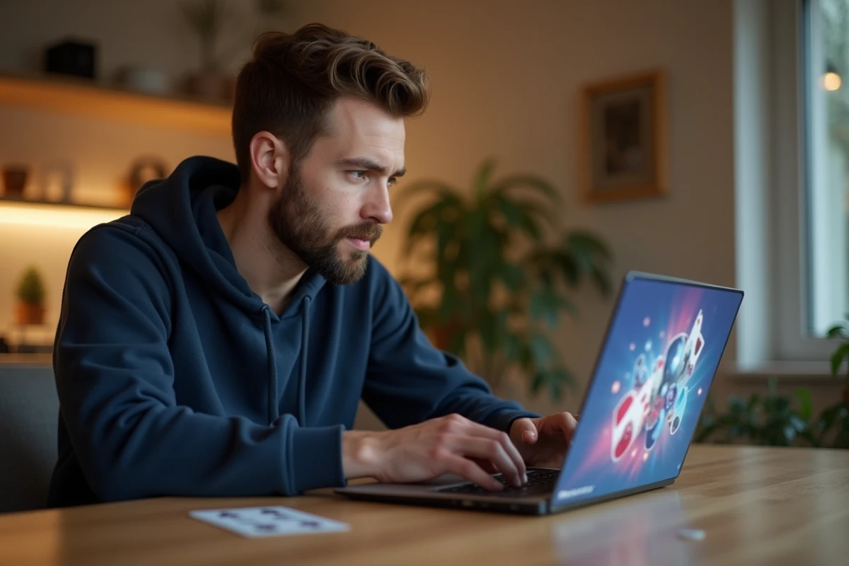 Homme jouant à la Coinche en ligne sur un ordinateur portable chez lui, vue de trois quarts