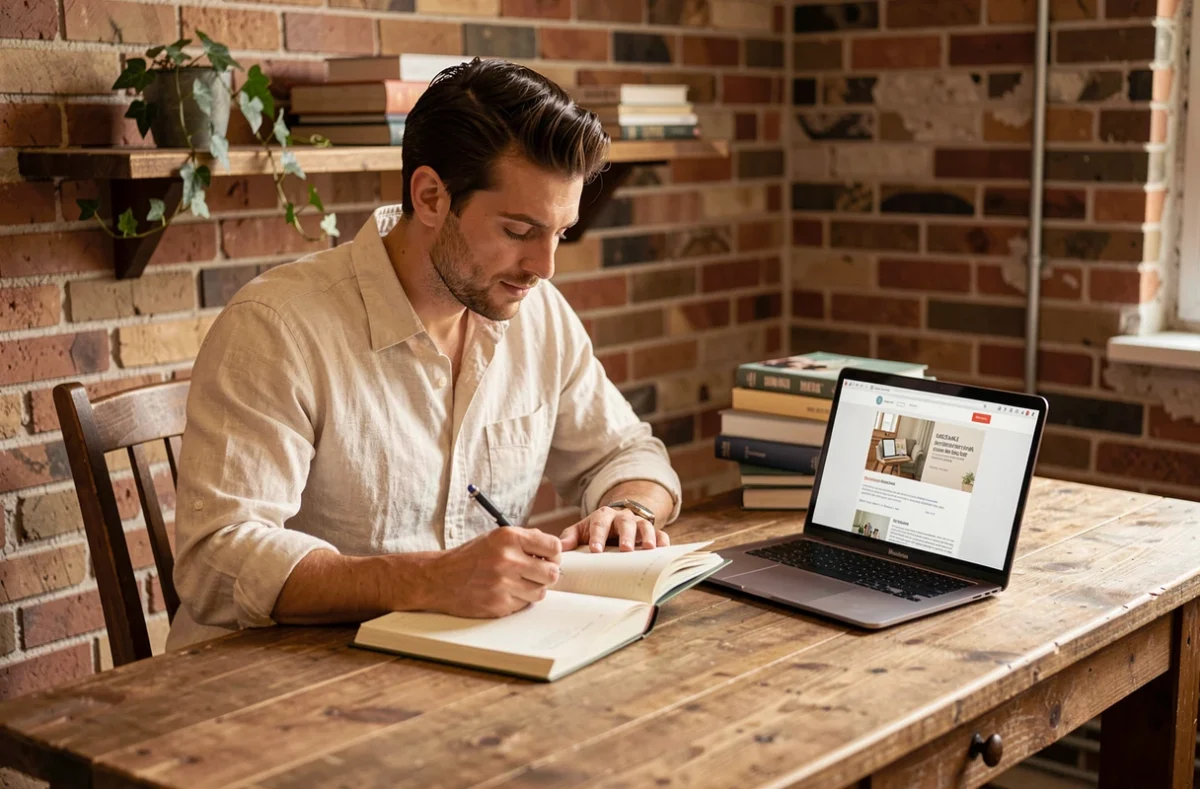 Homme écrivant dans un journal personnel devant un ordinateur montrant un blog de développement personnel pour surmonter les pensées négatives