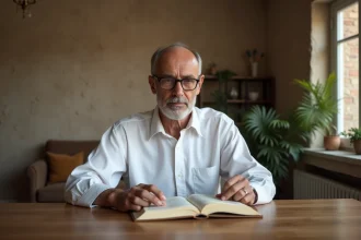 Homme nord-africain lisant le Quran dans un intérieur paisible