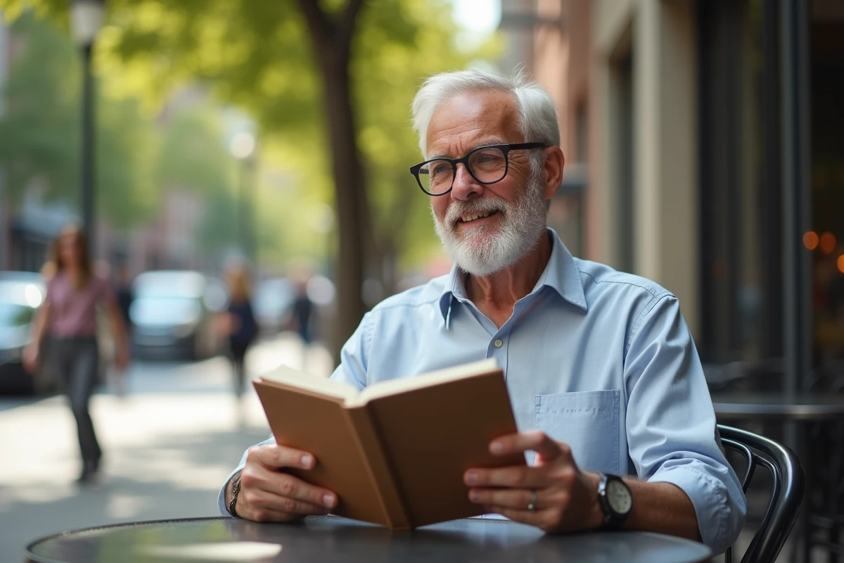 Homme âgé lisant des citations dans un café en plein air