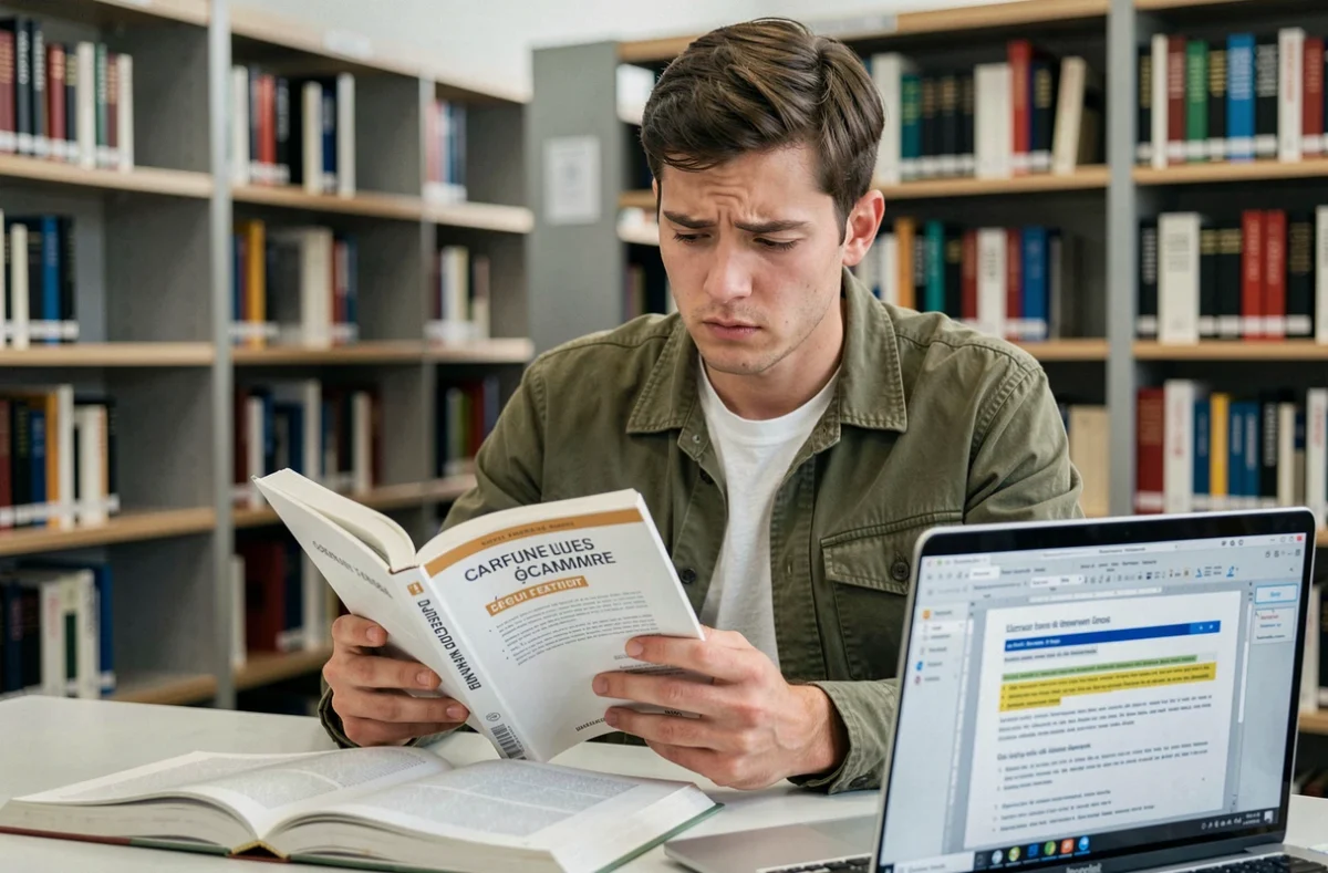 Jeune homme consultant un livre de grammaire française dans une bibliothèque moderne avec un regard interrogatif