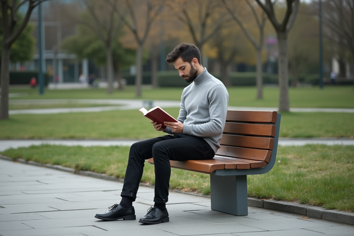 Homme en turtleneck gris lit dans un parc urbain calme
