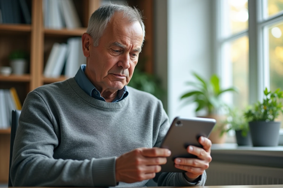 Homme d age recherche un numero sur une tablette