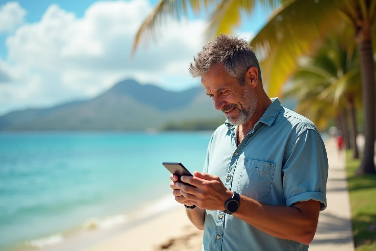 Homme d'âge moyen vérifiant son smartphone sur la promenade à Réunion